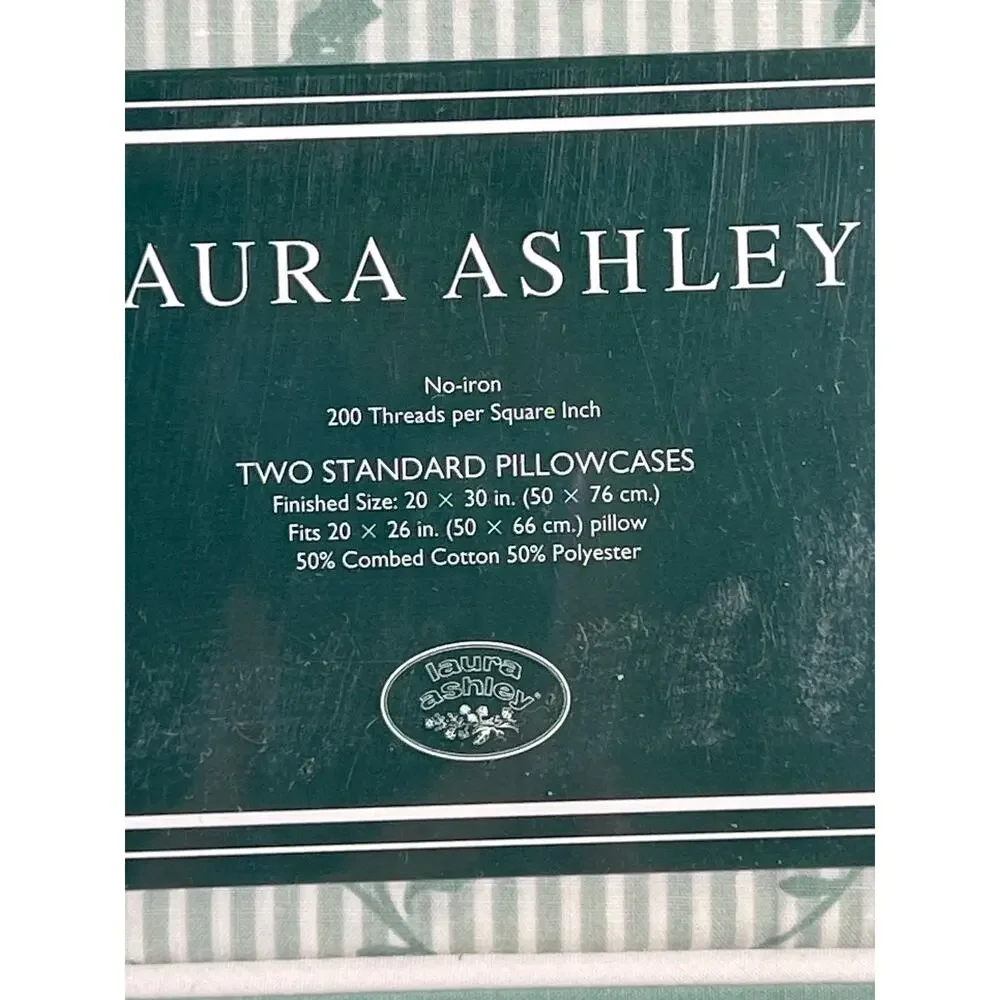VTG Laura Ashley Cottage Rose Standard Pillowcase Set 2 Pink Green Stripe NIP